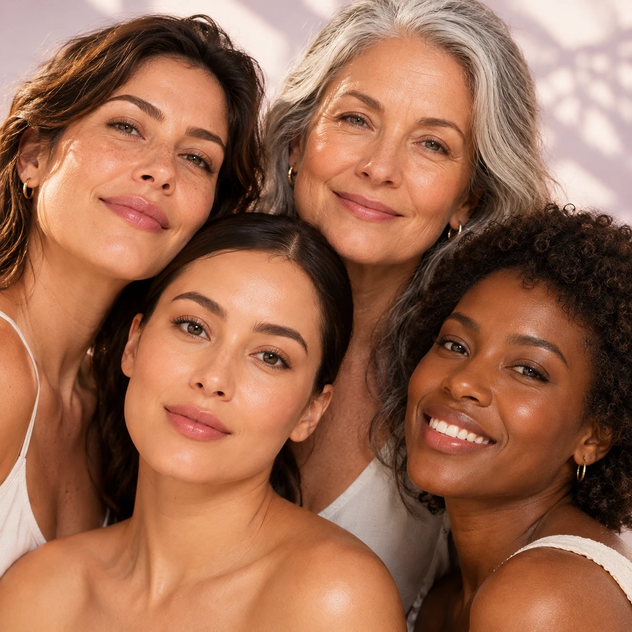 Quatro mulheres de idades e tons de pele diferentes, juntas e sorrindo
